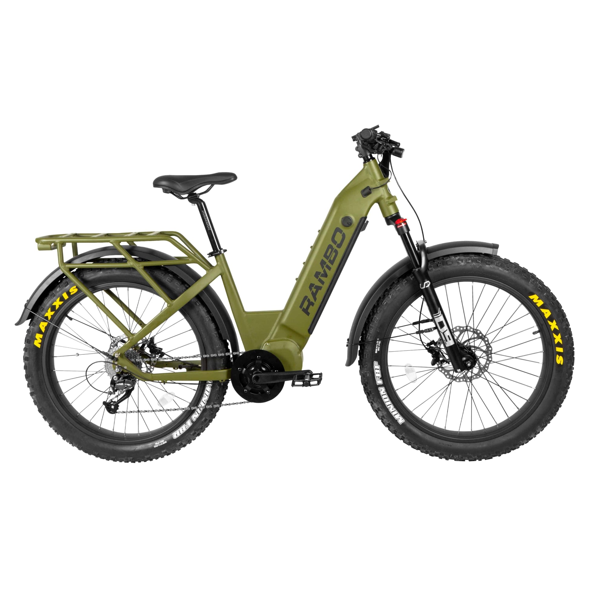 Side view of a Rambo Bikes REBEL 2.0 Green Electric Bike on white background
