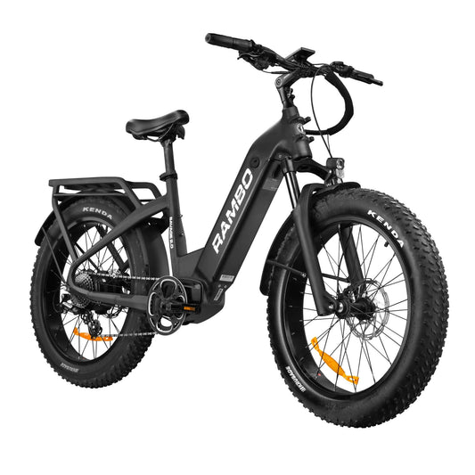 Front side view of a Rambo Bikes SAVAGE 2.0 Black Electric Bike on white background