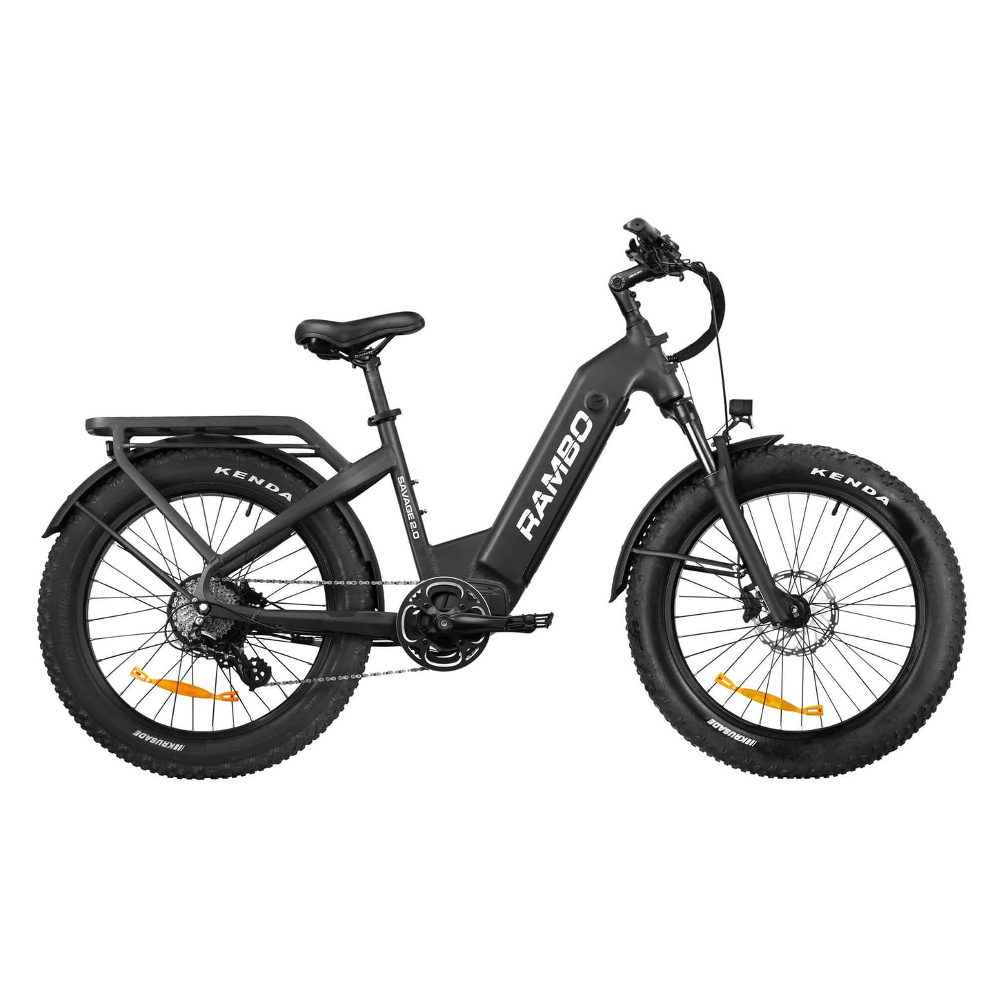 Side view of a Rambo Bikes SAVAGE 2.0 Black Electric Bike on white background
