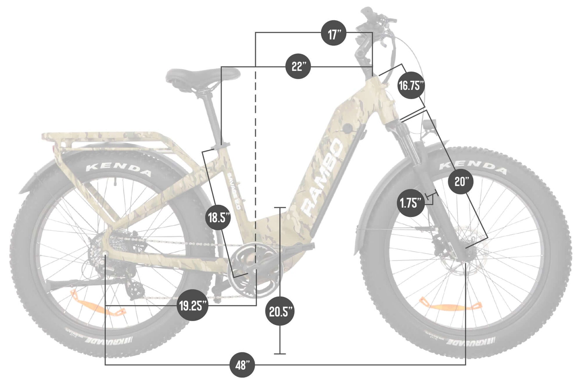 Measurement chart of a Rambo Bikes SAVAGE 2.0 Electric Bike with labeled dimensions on a white background