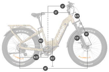 Measurement chart of a Rambo Bikes SAVAGE 2.0 Electric Bike with labeled dimensions on a white background