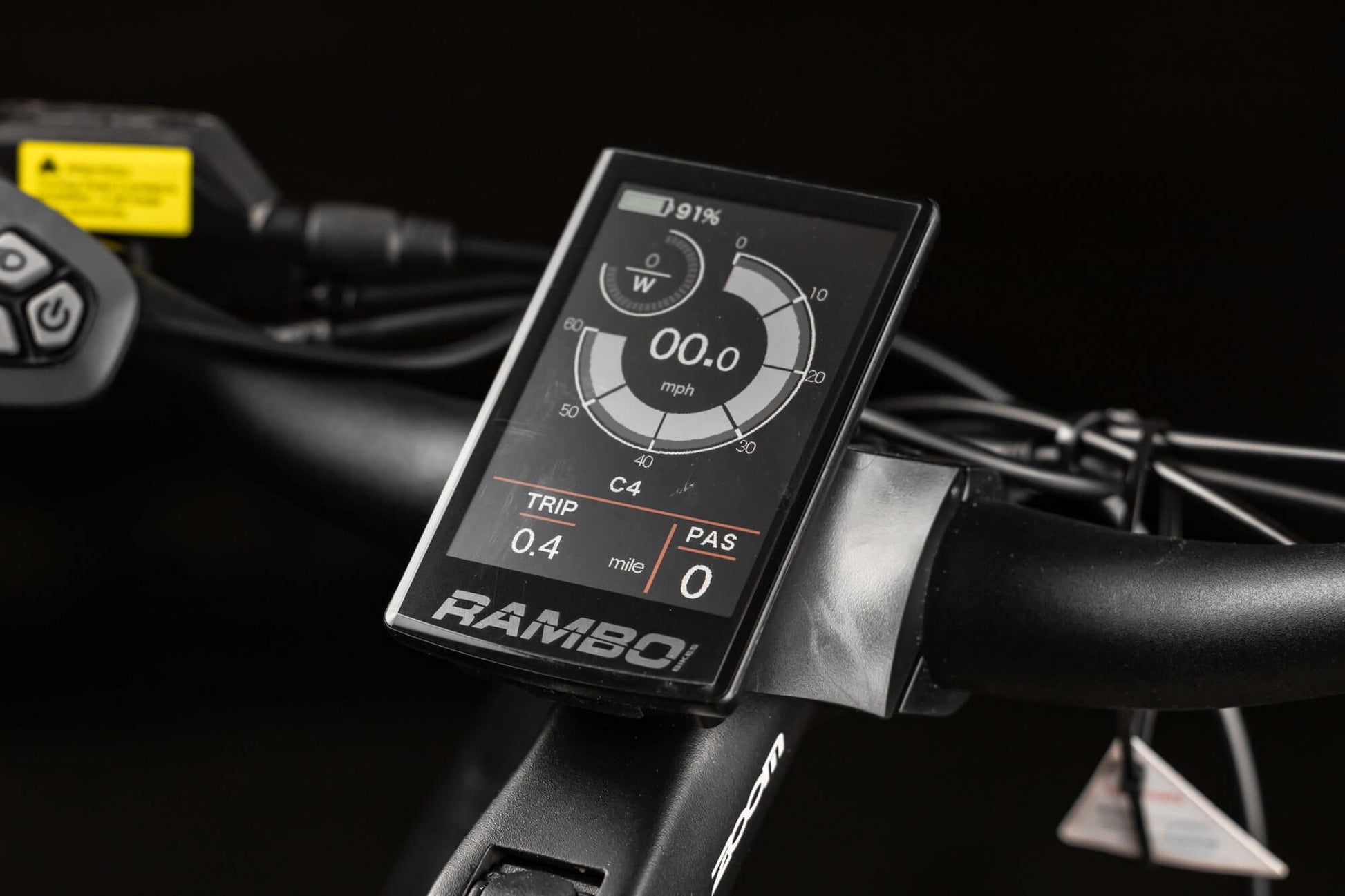 Digital display on a Rambo Bikes SAVAGE 2.0 Electric Bikes handlebar against a dark background