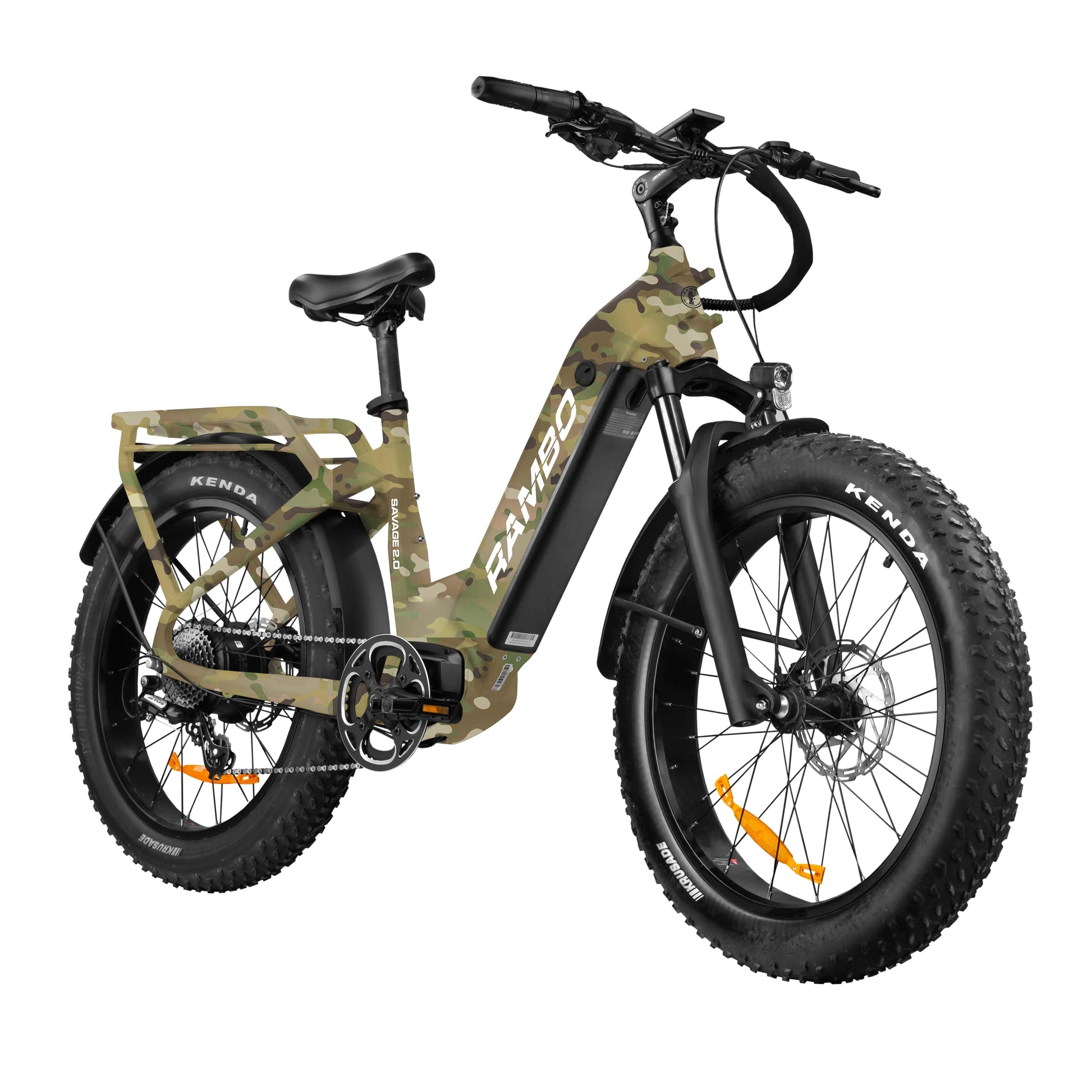 Front side view of Rambo Bikes SAVAGE 2.0 Multi camo EBike on white background