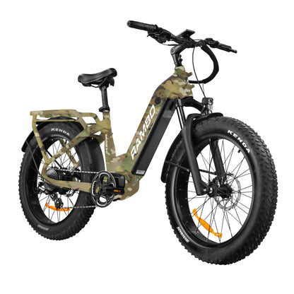 Front side view of Rambo Bikes SAVAGE 2.0 Multi camo EBike on white background