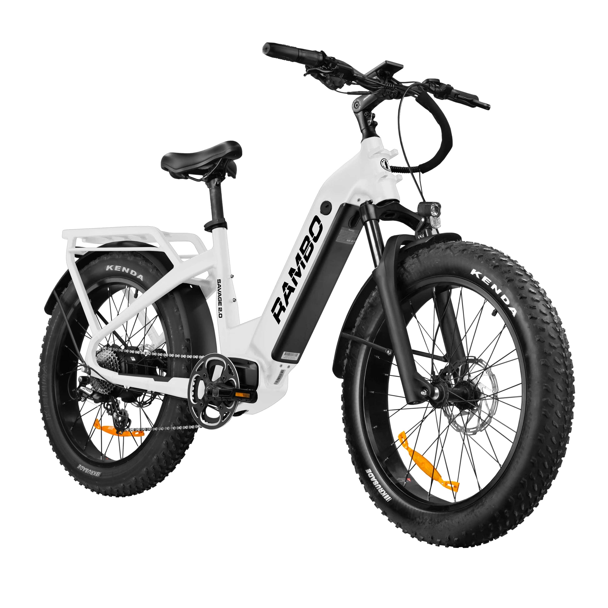 Front side view of Rambo Bikes SAVAGE 2.0 White Electric Bike on white background