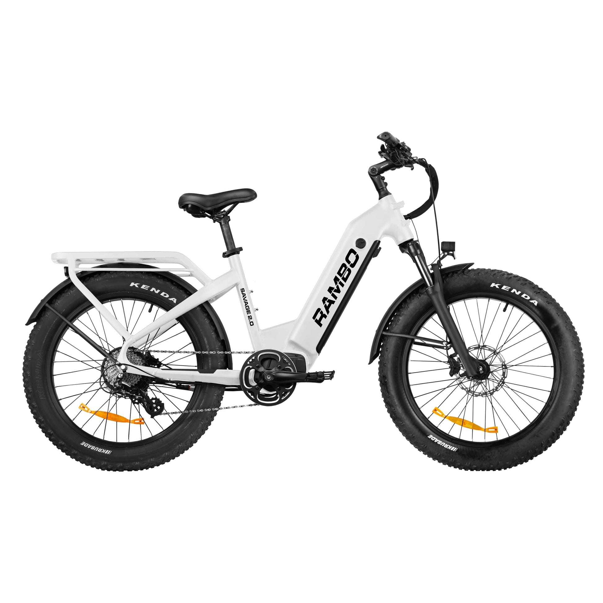 Side view of Rambo Bikes SAVAGE 2.0 White Electric Bike on white background