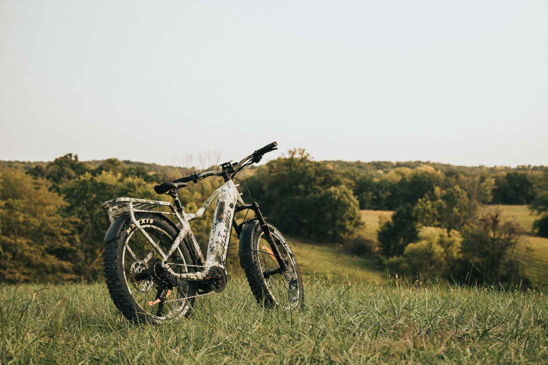 Rambo Bikes Venom 2.0 Electric Bike in a grassy field with a scenic background