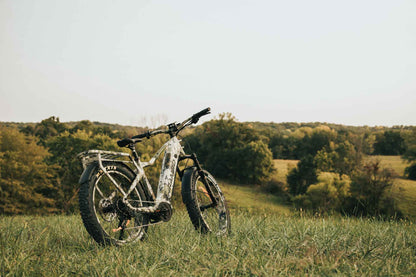 Rambo Bikes Venom 2.0 Electric Bike in a grassy field with a scenic background