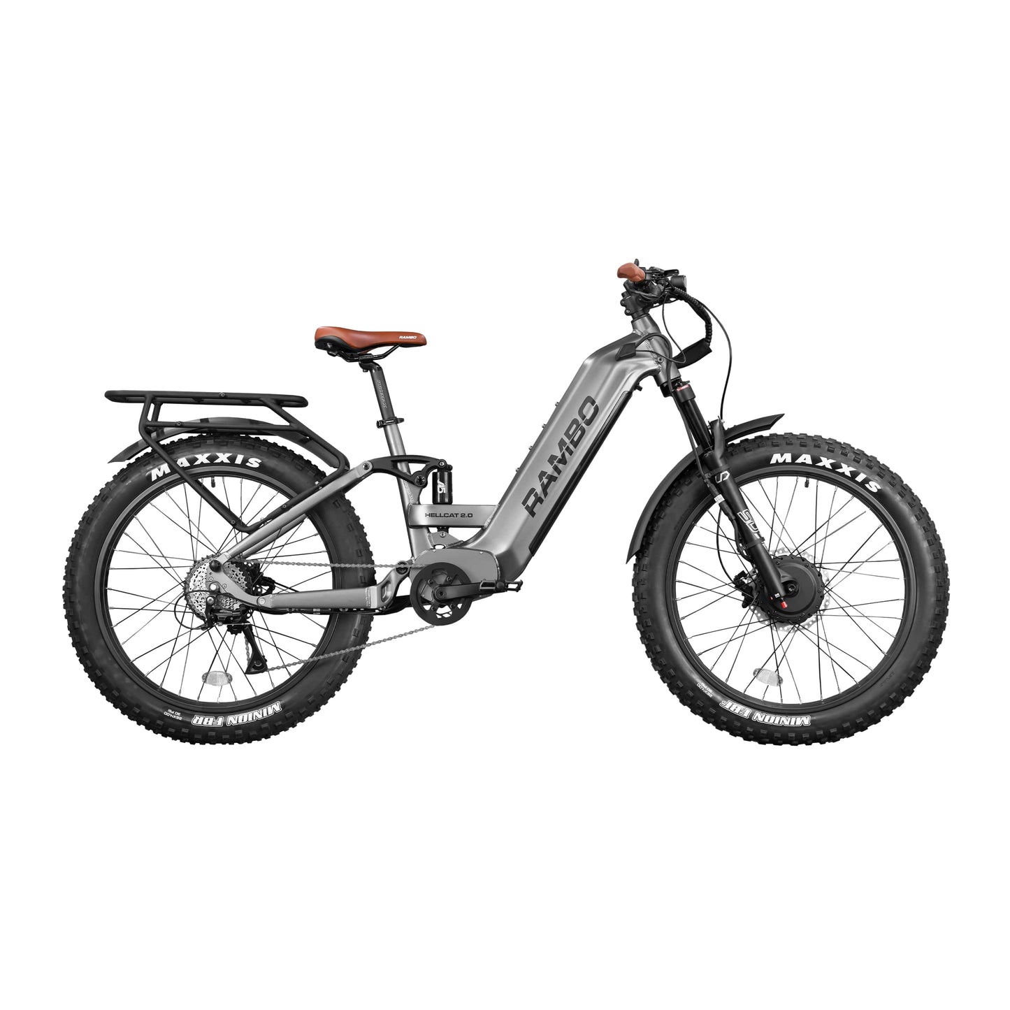 Side view of a Rambo Bike Hellcat 2.0 AWD Gunmetal Gray Electric Bike on a white background
