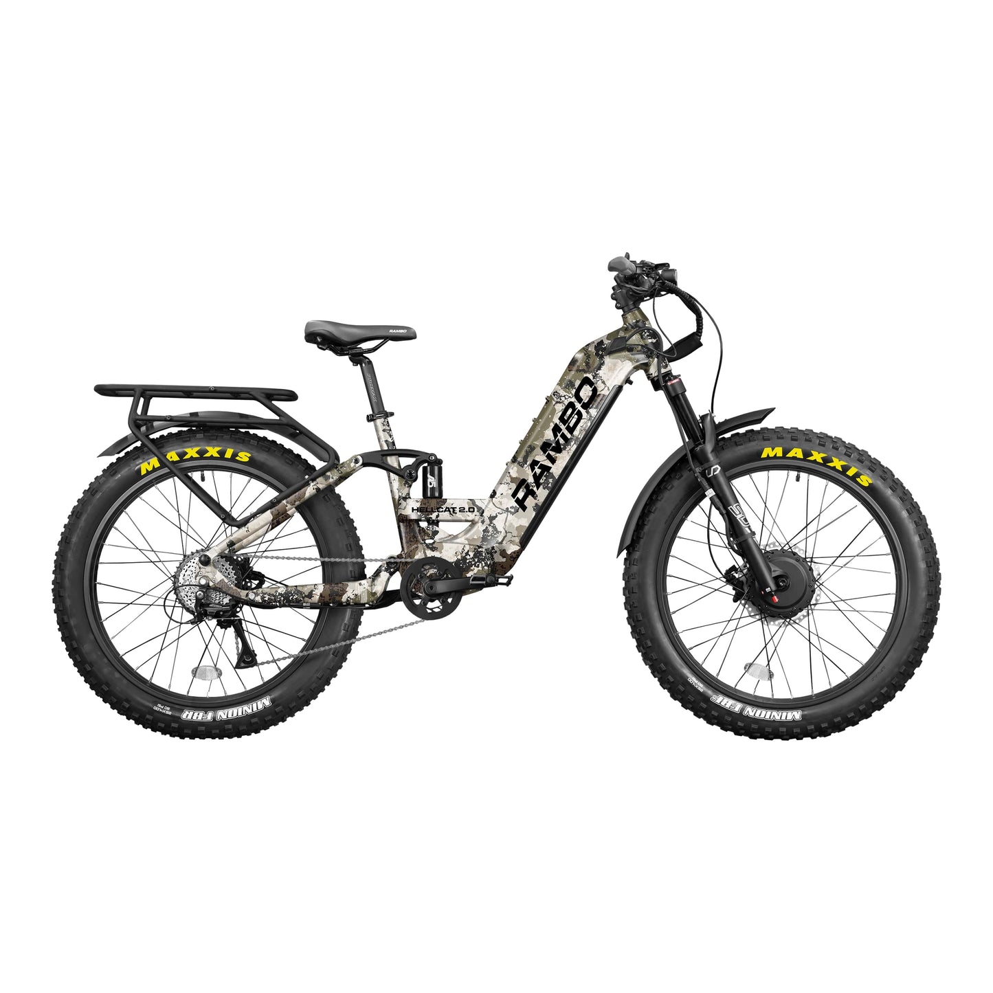 Side view of a Rambo Bike Hellcat 2.0 AWD Gunmetal Gray Electric Bike on a white background