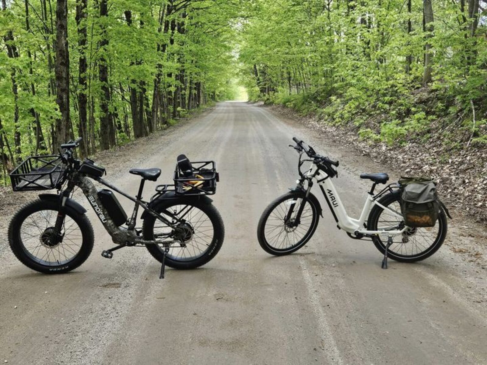 Eunorau FAT AWD 2.0 camo electric bike on a forest road, shown in left side view with front and rear cargo racks and a child seat on the rear. Another white step-through e-bike is parked beside it.
